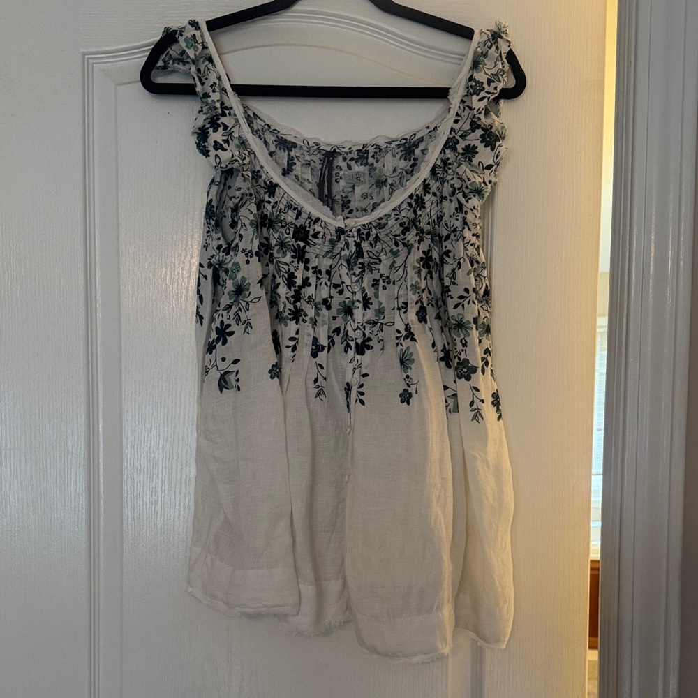 Anthropologie White Tank Top with Green & Navy Floral Embroidery